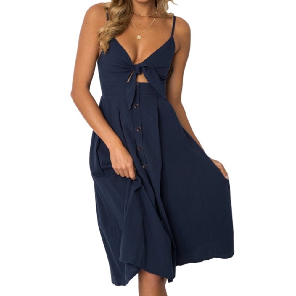 Navy Front Tie Button Down Summer Sun Dress